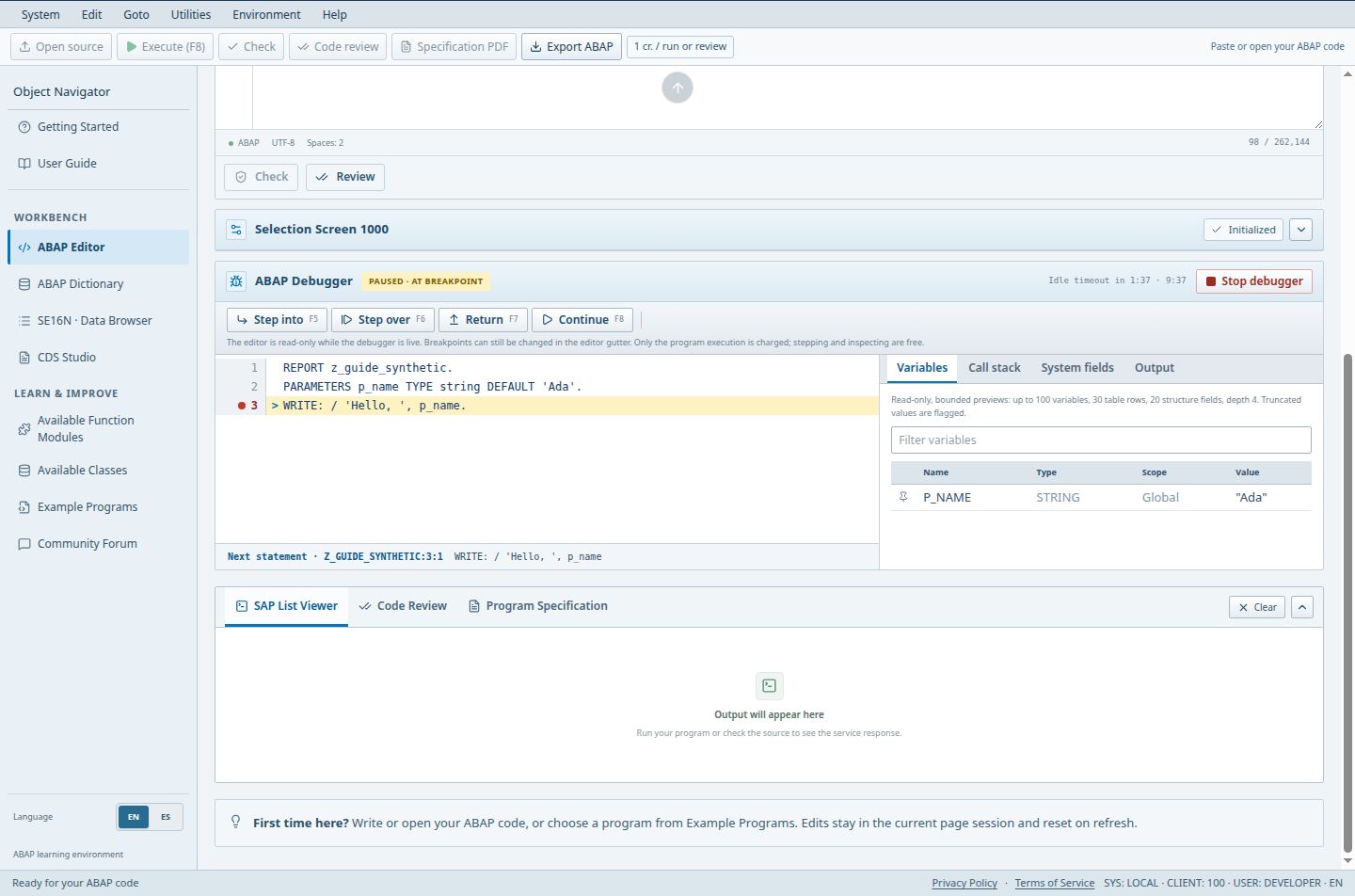Inspect a paused ABAP program