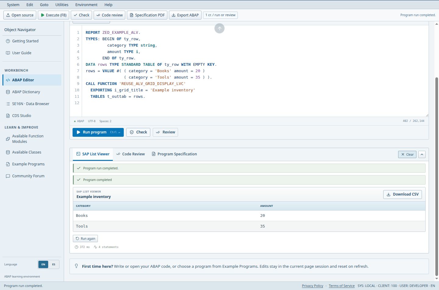 Read an ALV result and download its rows