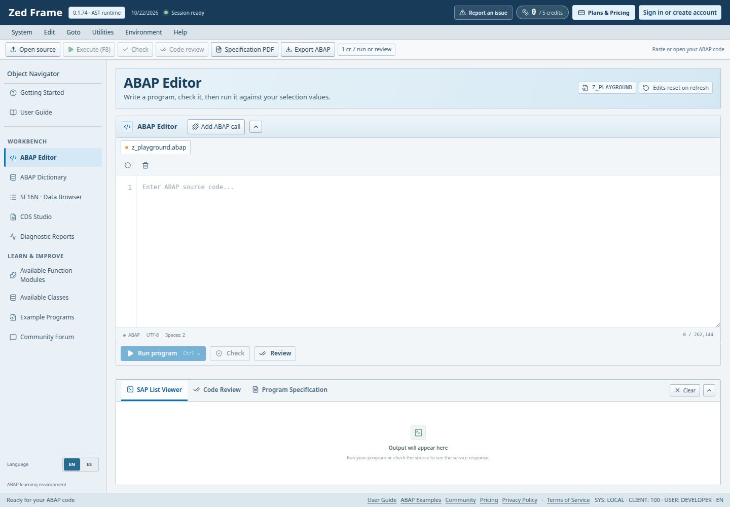 The Zed Frame ABAP editor with object navigator, empty source editor and output panel